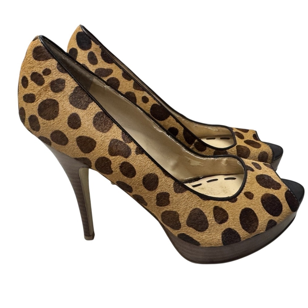 Enzo Angiolini Leopard Calf Hair Platform Peep Toe Heels Brown Tan Size 6M